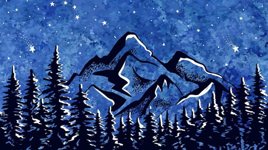 Night background with moon, forest, mountain, constellations and stars on dark sky